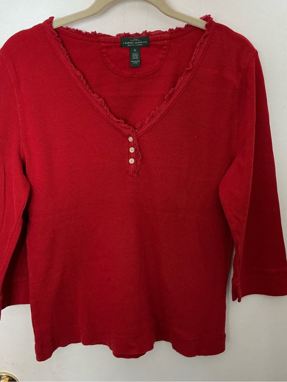 Lauren Ralph Lauren Deep Orange Ruffle-Trim Waffle-Knit Henley Top 3/4 Sleeve